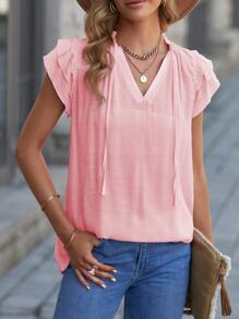 CILKOO 繫帶領蝴蝶袖襯衫 - 淺粉色 - 查看 1