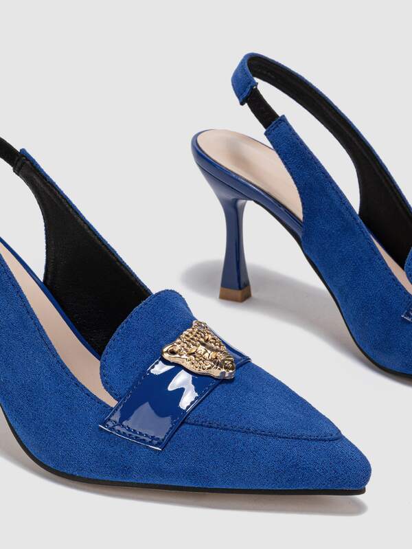 Fashion Blue Slingback Pumps For Women, Metal Decor Faux Suede Point