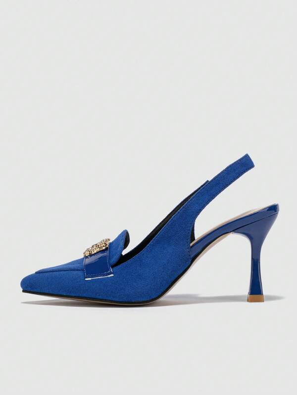 Fashion Blue Slingback Pumps For Women, Metal Decor Faux Suede Point