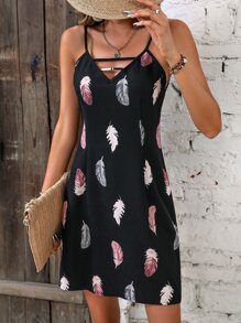 Breezaya Feather Print Cami Dress Vacation Beach Outfits Dam - Svart - Visa 1
