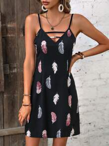 Breezaya Feather Print Cami Dress Vacation Beach Outfits Dam - Svart - Visa 3