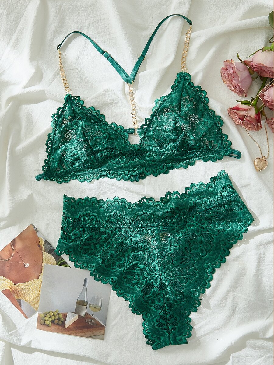 Set de lencería con encaje floral vinculado con cadena - Verde - Ver 1
