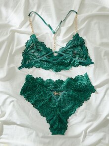 Set de lencería con encaje floral vinculado con cadena - Verde - Ver 2
