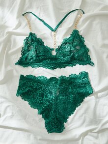 Set de lencería con encaje floral vinculado con cadena - Verde - Ver 3