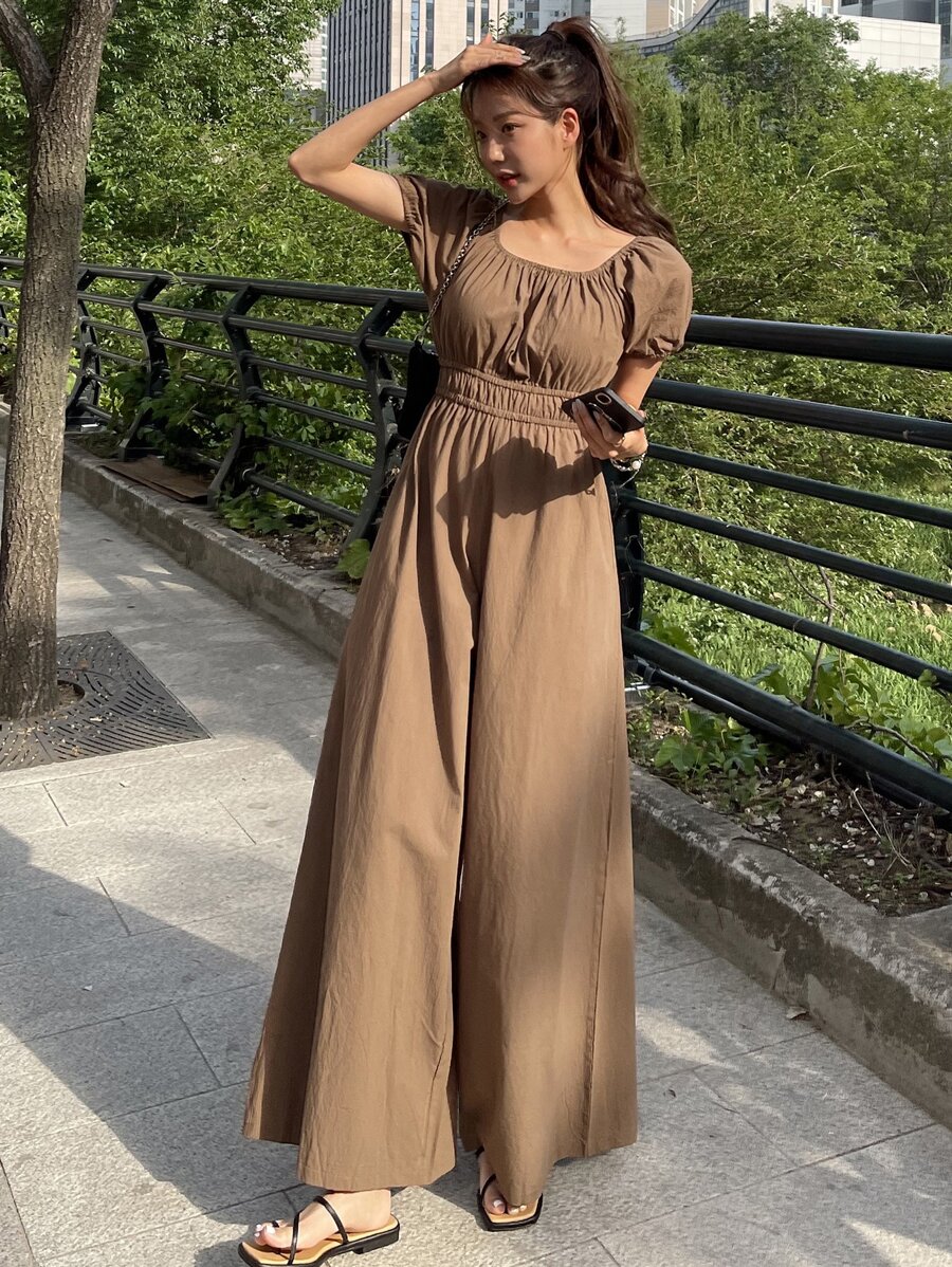 DAZY Mono Cuadrado Sin Mangas, Con Mangas Abullonadas Y Piernas Anchas - Marrón - Ver 1