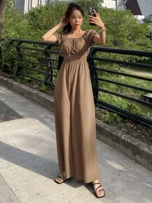 DAZY Mono Cuadrado Sin Mangas, Con Mangas Abullonadas Y Piernas Anchas - Marrón - Ver 2