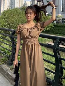 DAZY Mono Cuadrado Sin Mangas, Con Mangas Abullonadas Y Piernas Anchas - Marrón - Ver 3