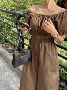 DAZY Mono Cuadrado Sin Mangas, Con Mangas Abullonadas Y Piernas Anchas - Marrón - Ver 4