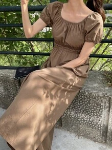 DAZY Mono Cuadrado Sin Mangas, Con Mangas Abullonadas Y Piernas Anchas - Marrón - Ver 5