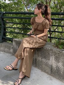 DAZY Mono Cuadrado Sin Mangas, Con Mangas Abullonadas Y Piernas Anchas - Marrón - Ver 6