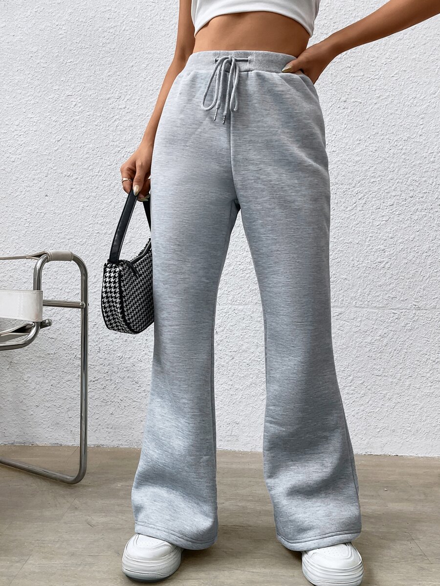 SHEIN Qutie Drawstring Waist Flare Leg Trousers - Light Grey - View 1