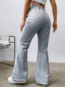 SHEIN Qutie Drawstring Waist Flare Leg Trousers - Light Grey - View 2