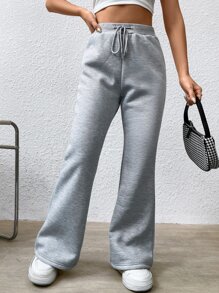 SHEIN Qutie Drawstring Waist Flare Leg Trousers - Light Grey - View 3