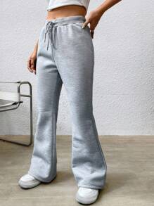 SHEIN Qutie Drawstring Waist Flare Leg Trousers - Light Grey - View 4