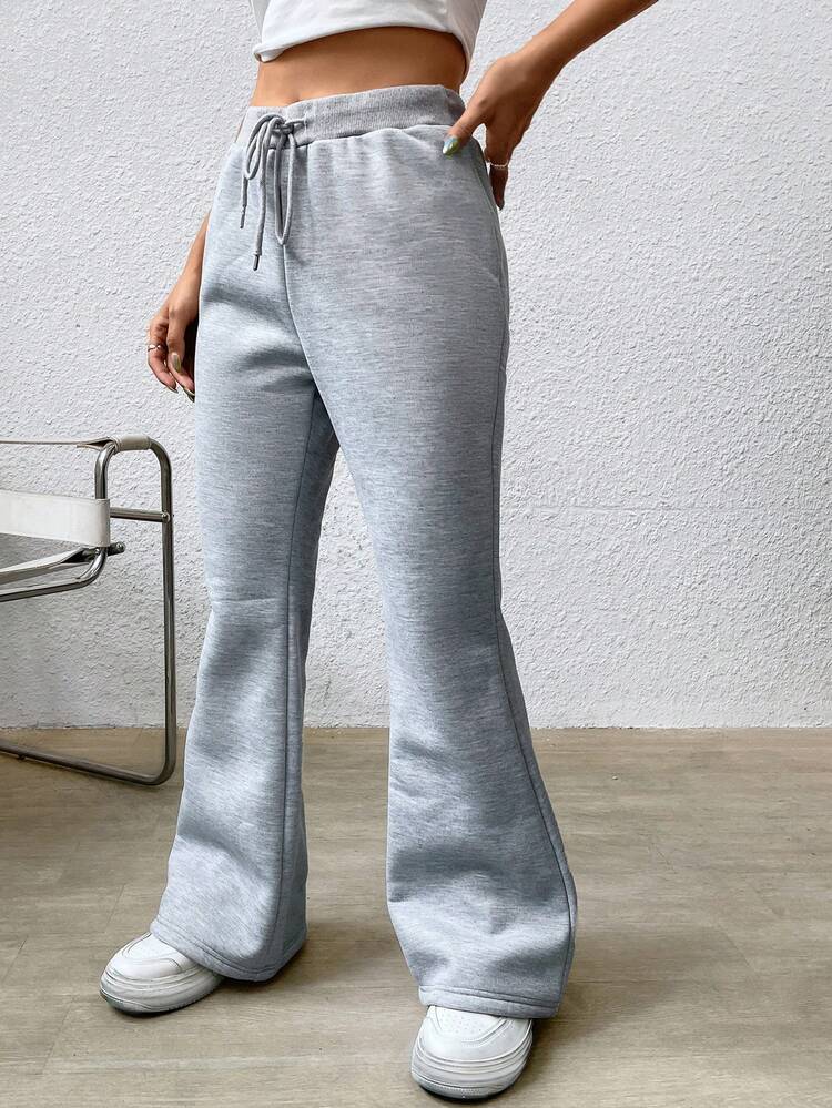 SHEIN Qutie Drawstring Waist Flare Leg Trousers - Light Grey - View 4