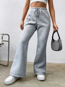 SHEIN Qutie Drawstring Waist Flare Leg Trousers - Light Grey - View 6