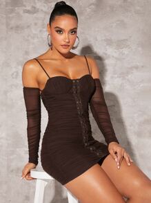 SHEIN BAE Cold Shoulder Hook And Eye Ruched Mesh Bodycon Dress - Chocolate Brown - View 2