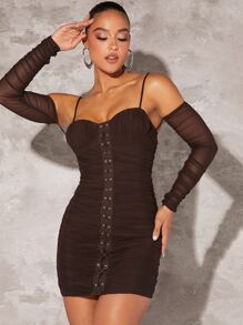 SHEIN BAE Cold Shoulder Hook And Eye Ruched Mesh Bodycon Dress - Chocolate Brown - View 1
