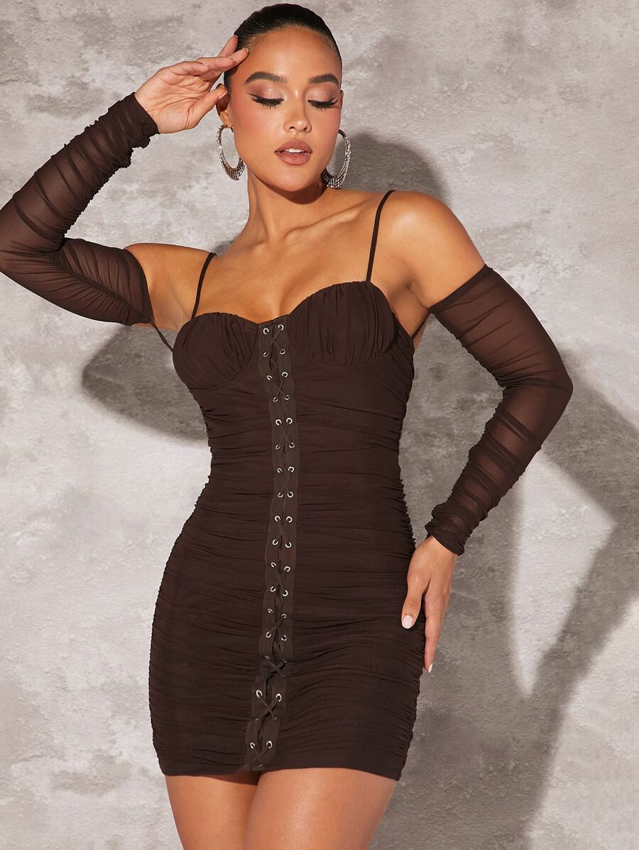 SHEIN BAE Cold Shoulder Hook And Eye Ruched Mesh Bodycon Dress - Chocolate Brown - View 1