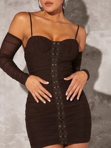 SHEIN BAE Cold Shoulder Hook And Eye Ruched Mesh Bodycon Dress - Chocolate Brown - View 6