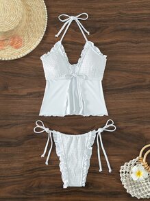 SHEIN 荷叶边饰边系带比基尼套装夏季海滩 - 白色 - 查看 3