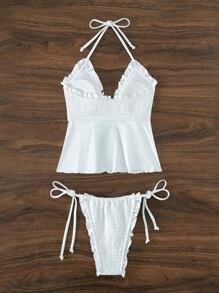 SHEIN 荷叶边饰边系带比基尼套装夏季海滩 - 白色 - 查看 4