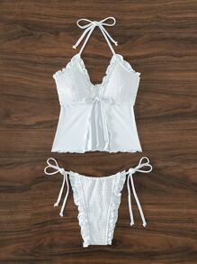 SHEIN 荷叶边饰边系带比基尼套装夏季海滩 - 白色 - 查看 6