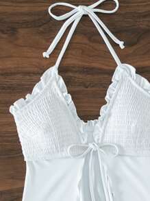 SHEIN 荷叶边饰边系带比基尼套装夏季海滩 - 白色 - 查看 7
