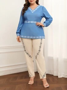 Cottage Closet Plus Floral Print Lantern Sleeve Top & Trousers - Multicolor - View 1