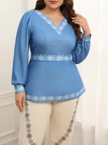 Cottage Closet Plus Floral Print Lantern Sleeve Top & Trousers - Multicolor - View 3