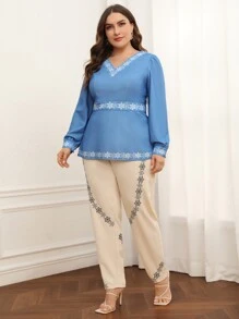 Cottage Closet Plus Floral Print Lantern Sleeve Top & Trousers - Multicolor - View 4