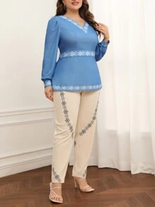 Cottage Closet Plus Floral Print Lantern Sleeve Top & Trousers - Multicolor - View 5