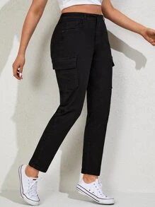 EURMUSE Plus Flap Pocket Side Cargo Jeans - Black - View 1