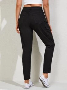 EURMUSE Plus Flap Pocket Side Cargo Jeans - Black - View 2