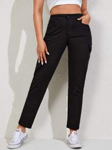 EURMUSE Plus Flap Pocket Side Cargo Jeans - Black - View 4