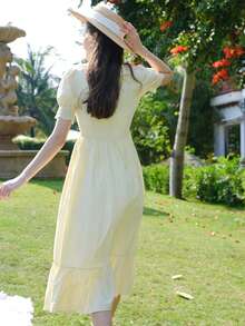 Đầm Buộc lại Xù màu trơn Dễ thương - Màu vàng - Xem 2