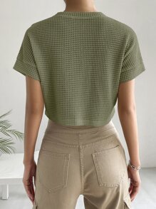 SHEIN EZwear Camiseta crop unicolor tejido waffle - Verde militar - Ver 2