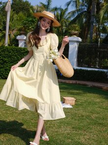 Đầm Buộc lại Xù màu trơn Dễ thương - Màu vàng - Xem 5