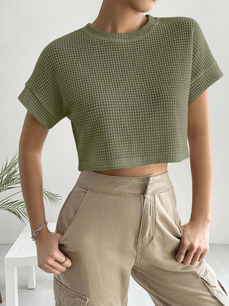 SHEIN EZwear Solid Waffle Knit Crop Tee - Army Green - View 4
