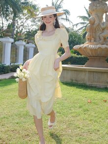 Đầm Buộc lại Xù màu trơn Dễ thương - Màu vàng - Xem 8