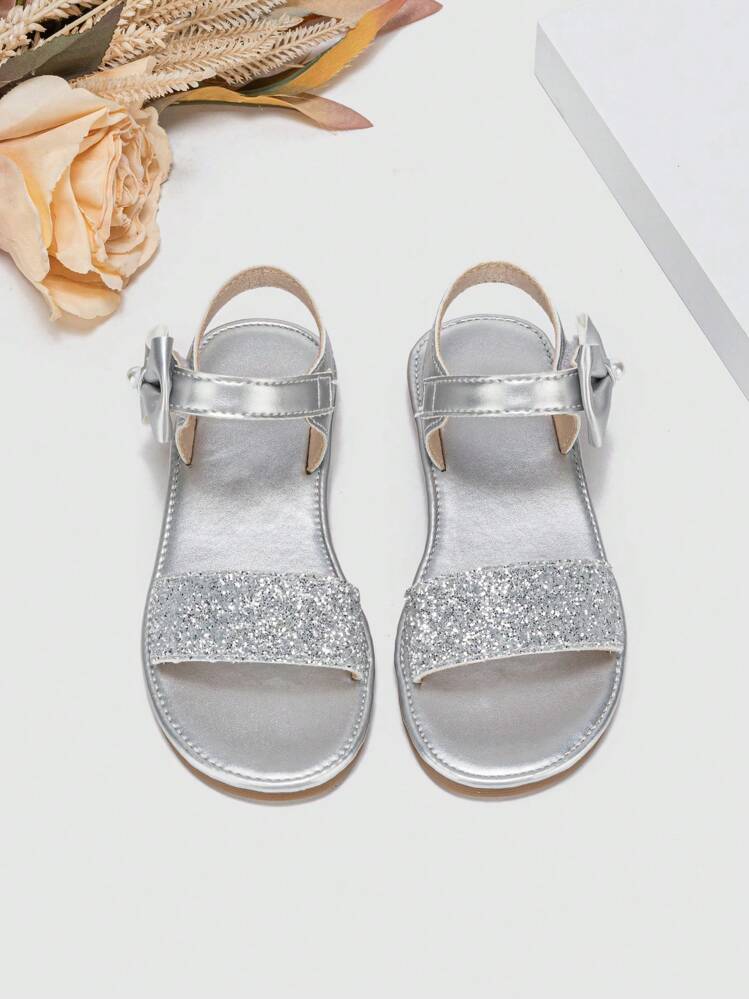 Girls' Silver Vacation Sandals, Glitter Butterfly Decor Hook And Loop Sandals - Silver - View 5
