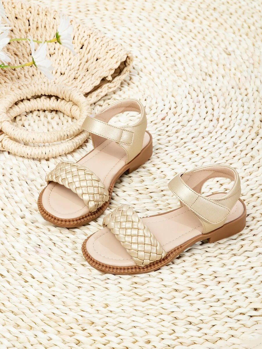 Vacation Gold Ankle Strap Sandals For Girls, Braided Detail Hook-and-loop Fastener Sandals - Gold - View 1
