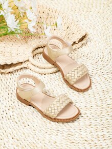 Vacation Gold Ankle Strap Sandals For Girls, Braided Detail Hook-and-loop Fastener Sandals - Gold - View 3