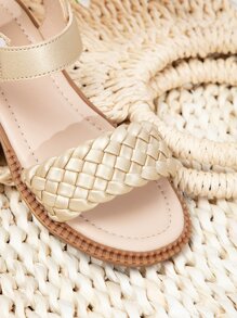 Vacation Gold Ankle Strap Sandals For Girls, Braided Detail Hook-and-loop Fastener Sandals - Gold - View 4