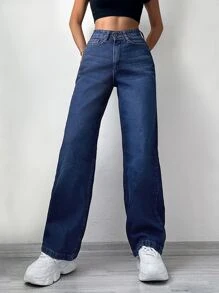 SHEIN PETITE Slant Pocket Straight Leg Jeans - Dark Wash - View 1