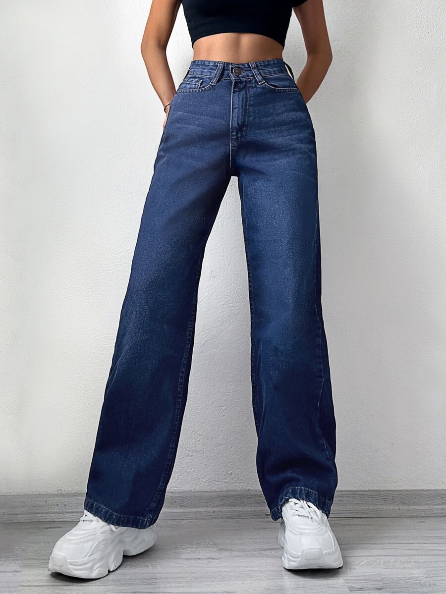 SHEIN PETITE Slant Pocket Straight Leg Jeans - Dark Wash - View 1