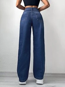 SHEIN PETITE Slant Pocket Straight Leg Jeans - Dark Wash - View 2