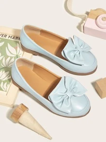 學院樂福鞋適用於女孩蝴蝶結裝飾針腳細節平底鞋