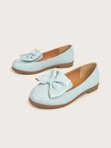 學院樂福鞋適用於女孩蝴蝶結裝飾針腳細節平底鞋