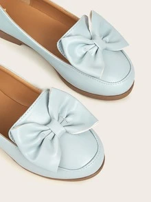 學院樂福鞋適用於女孩蝴蝶結裝飾針腳細節平底鞋